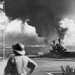 American ships burn during the Japanese attack on Pearl Harbor, 