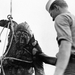 An American seaman looks at the charred corpse of a Japanese fli