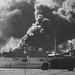 The USS Shaw burns in Pearl Harbor. Japanese bombers hit the for